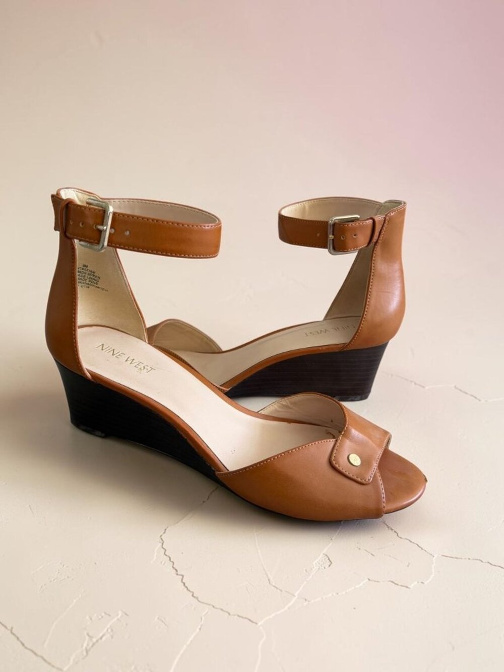 NINE WEST Tan Peeptoe Sandals Wedges Size 9
